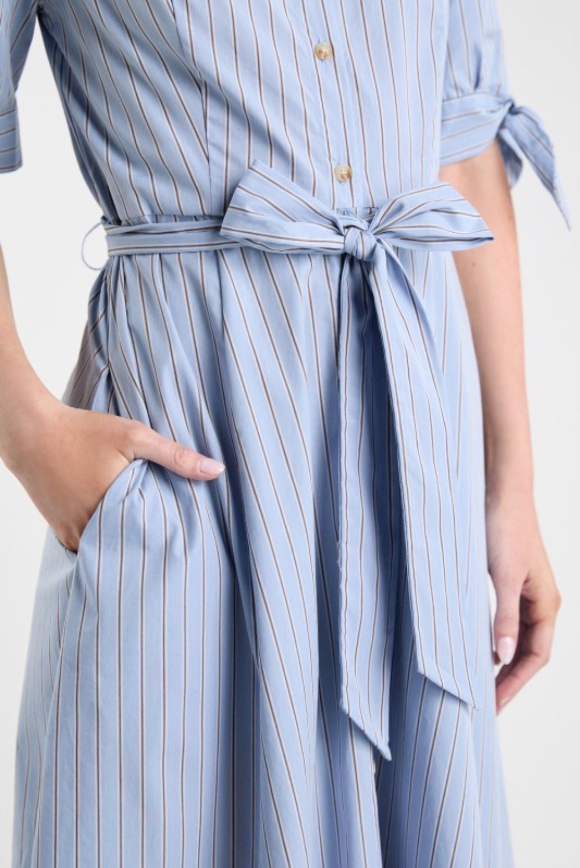 Striped Tie-Waist Shirt Dress in Blue