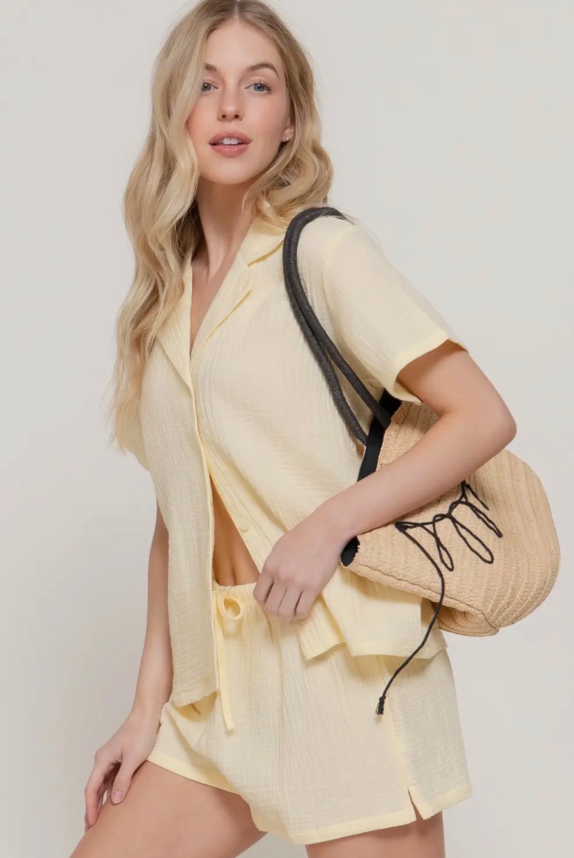 Resort Collar Shirt & Waistband Shorts butter yellow set.