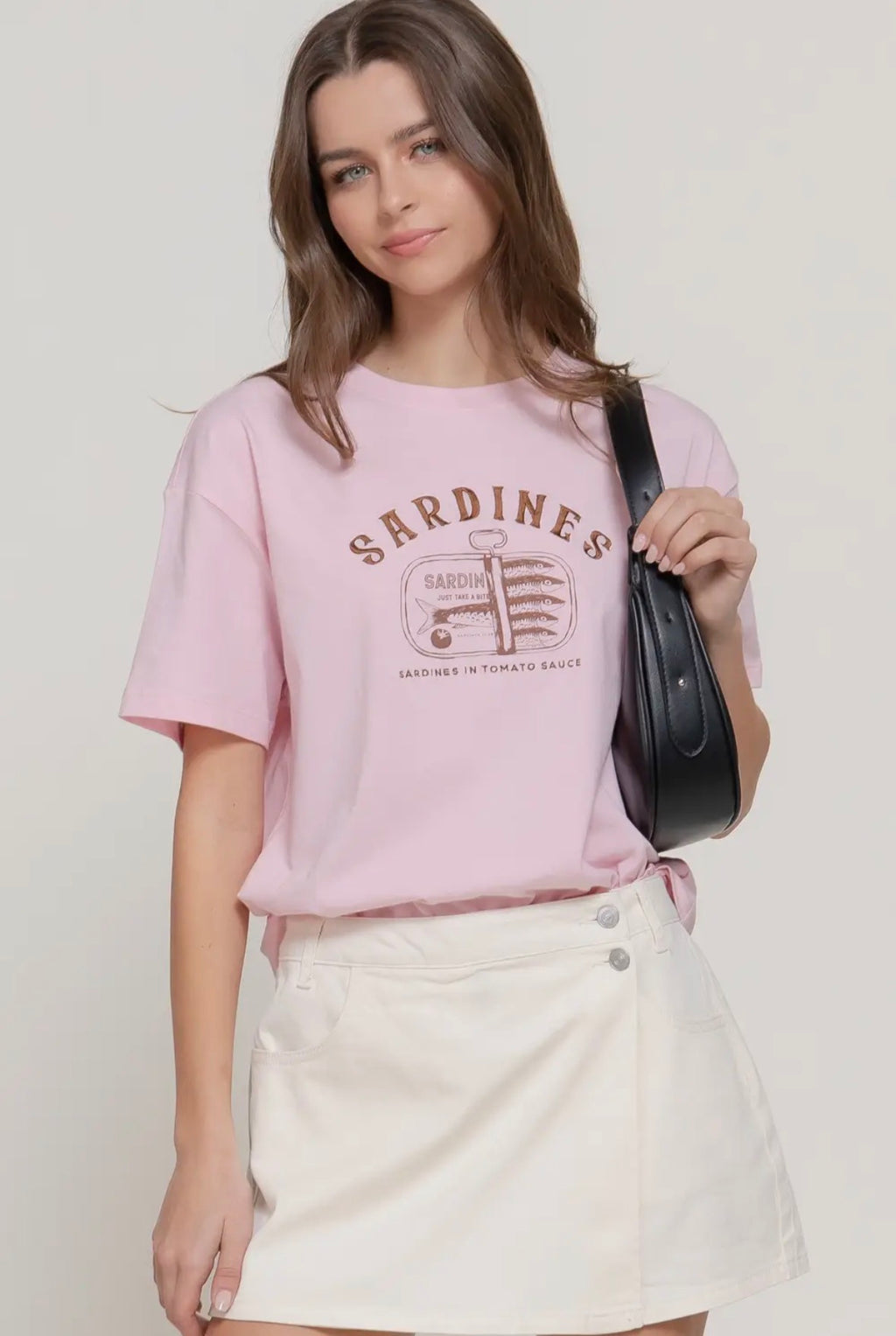 Short Sleeve Crew Neck Sardines Print Detail Knit Top