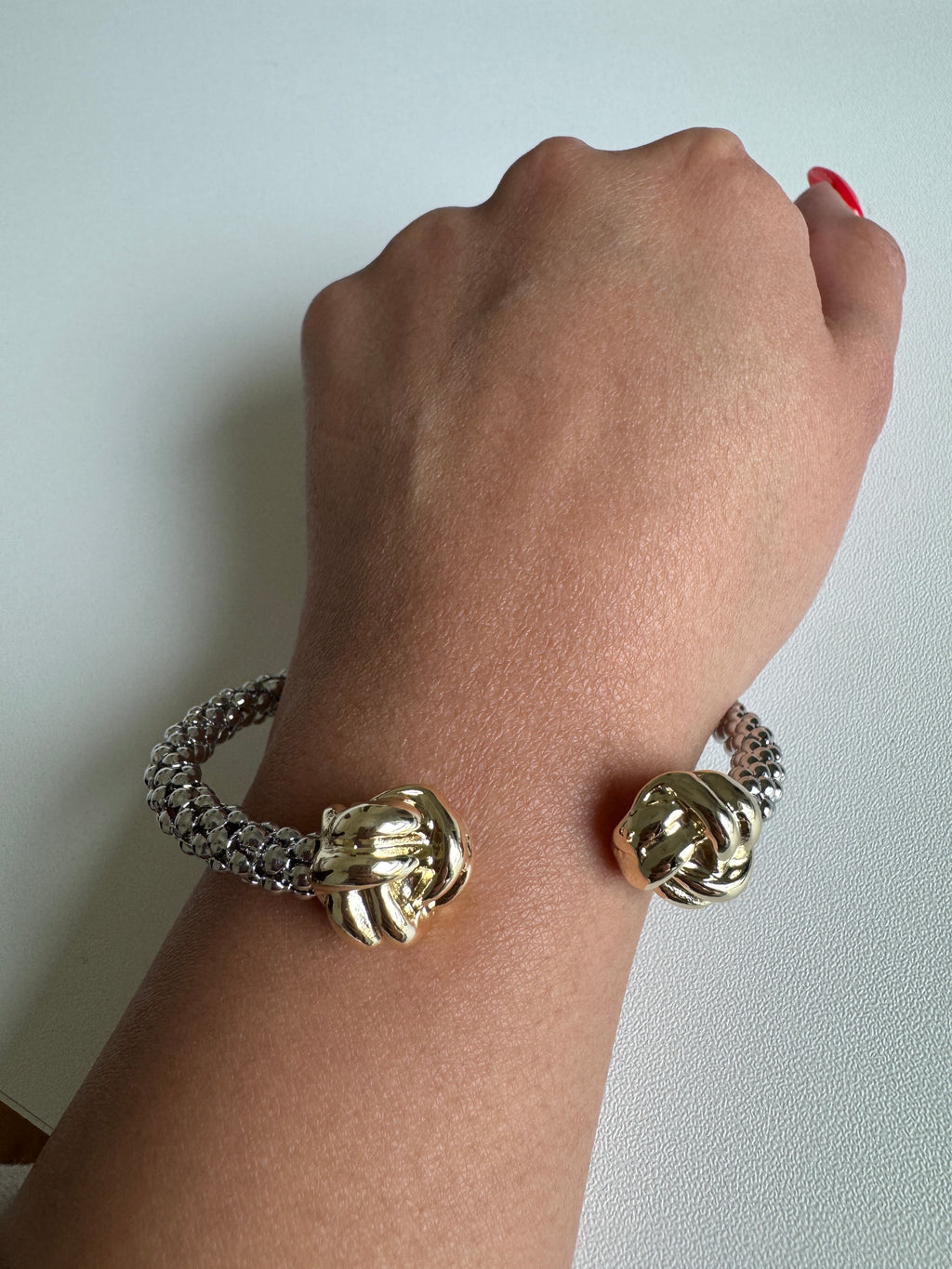 Two Tone Metal Knot Tip Mesh Chain Cuff Bracelet