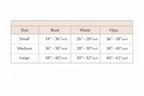 Size chart for clothing with bust, waist, and hips measurements.