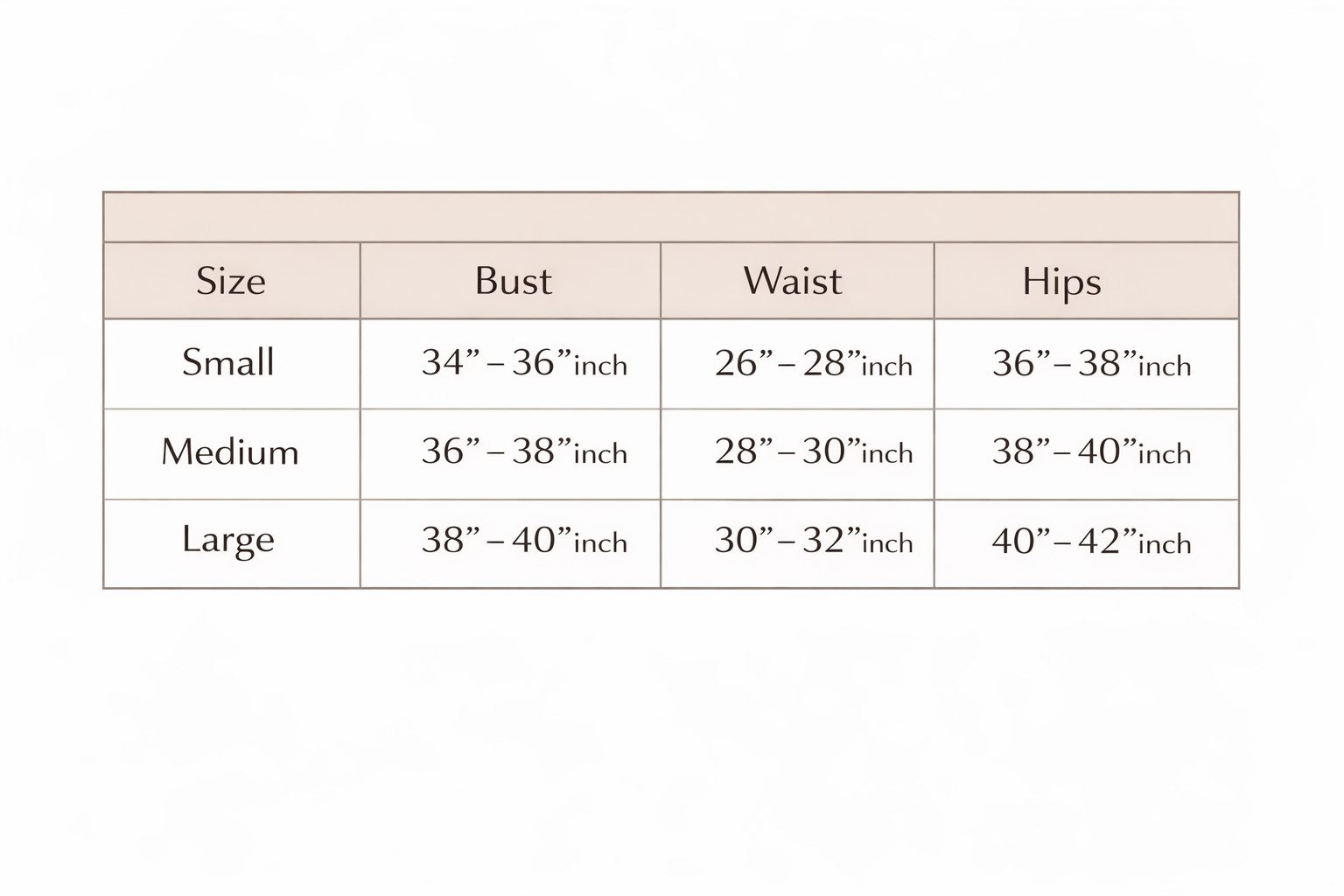 Size chart for clothing with bust, waist, and hips measurements.