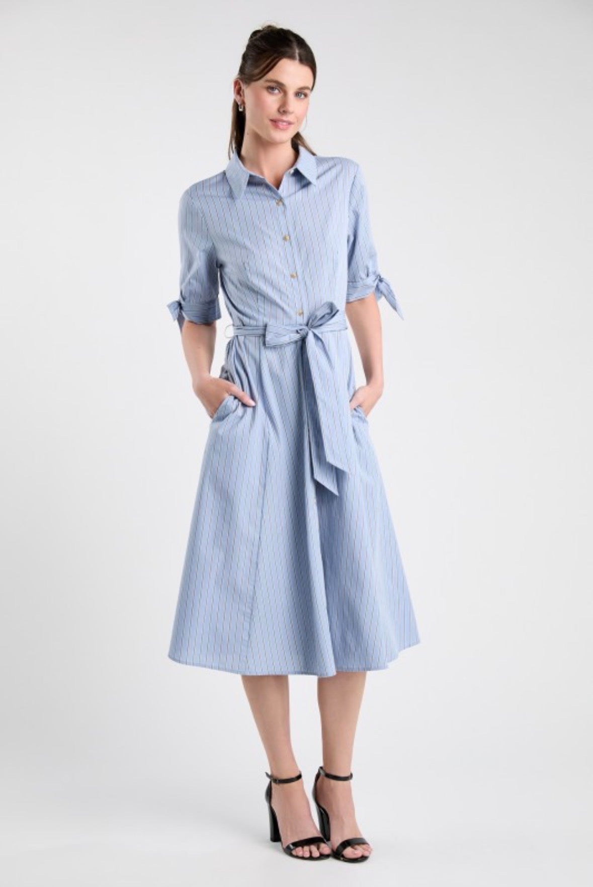 Striped Tie-Waist Shirt Dress in Blue