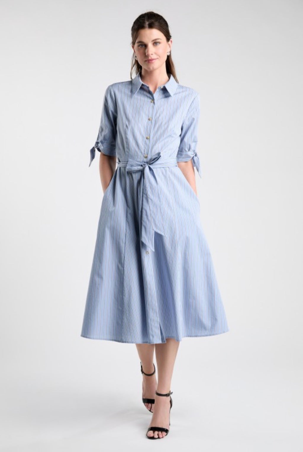 Striped Tie-Waist Shirt Dress in Blue