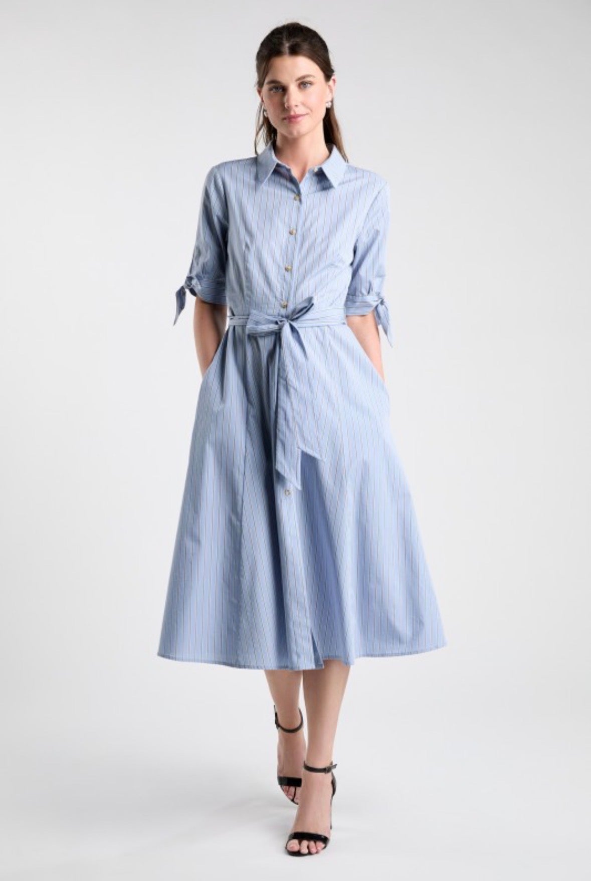 Striped Tie-Waist Shirt Dress in Blue