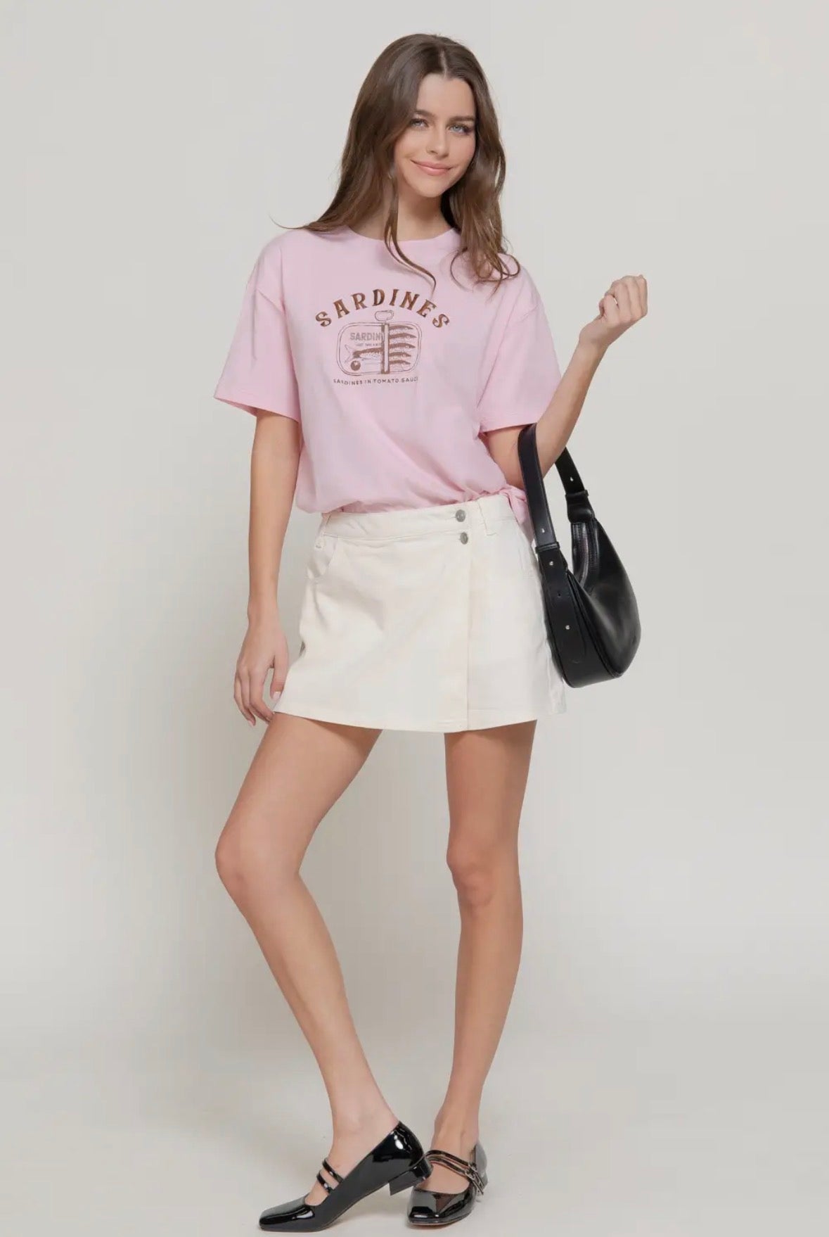 Short Sleeve Crew Neck Sardines Print Detail Knit Top