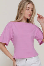 Short Sleeve Boat Neck Gently Tapered Waist Cotton Knit Top