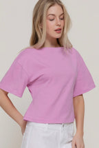 Short Sleeve Boat Neck Gently Tapered Waist Cotton Knit Top