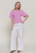Short Sleeve Boat Neck Gently Tapered Waist Cotton Knit Top